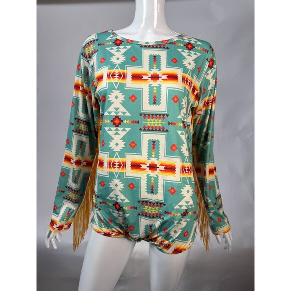 GG Western Wear Aztec Print Long Sleeve Fringe Body Suit - Picture 9 of 16